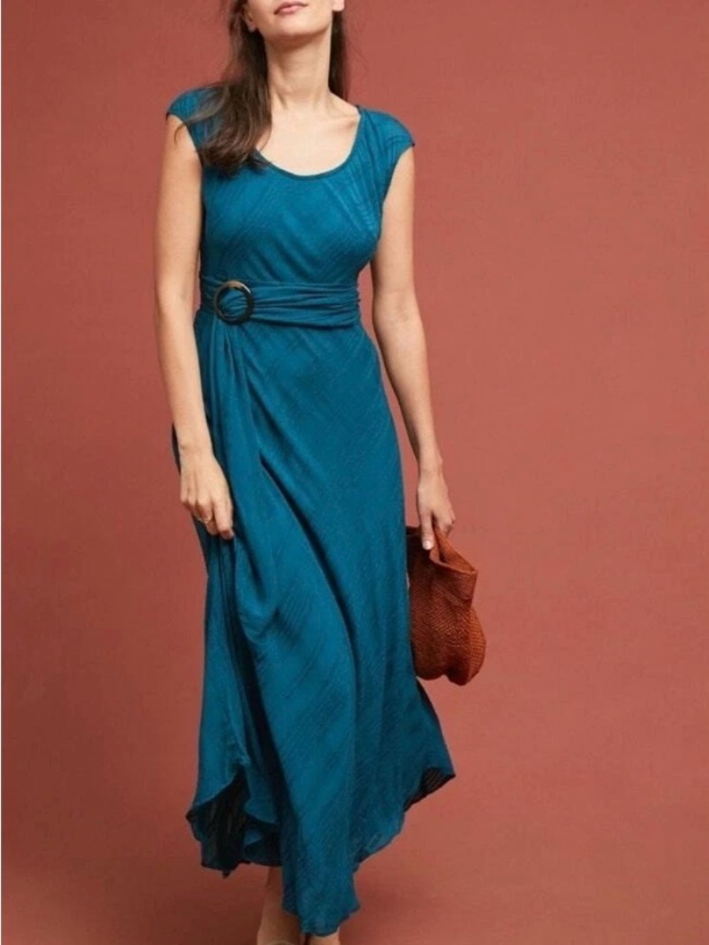 Moulinette Soeurs by Anthropologie Teal Textured Belted Maxi Dress Size 2